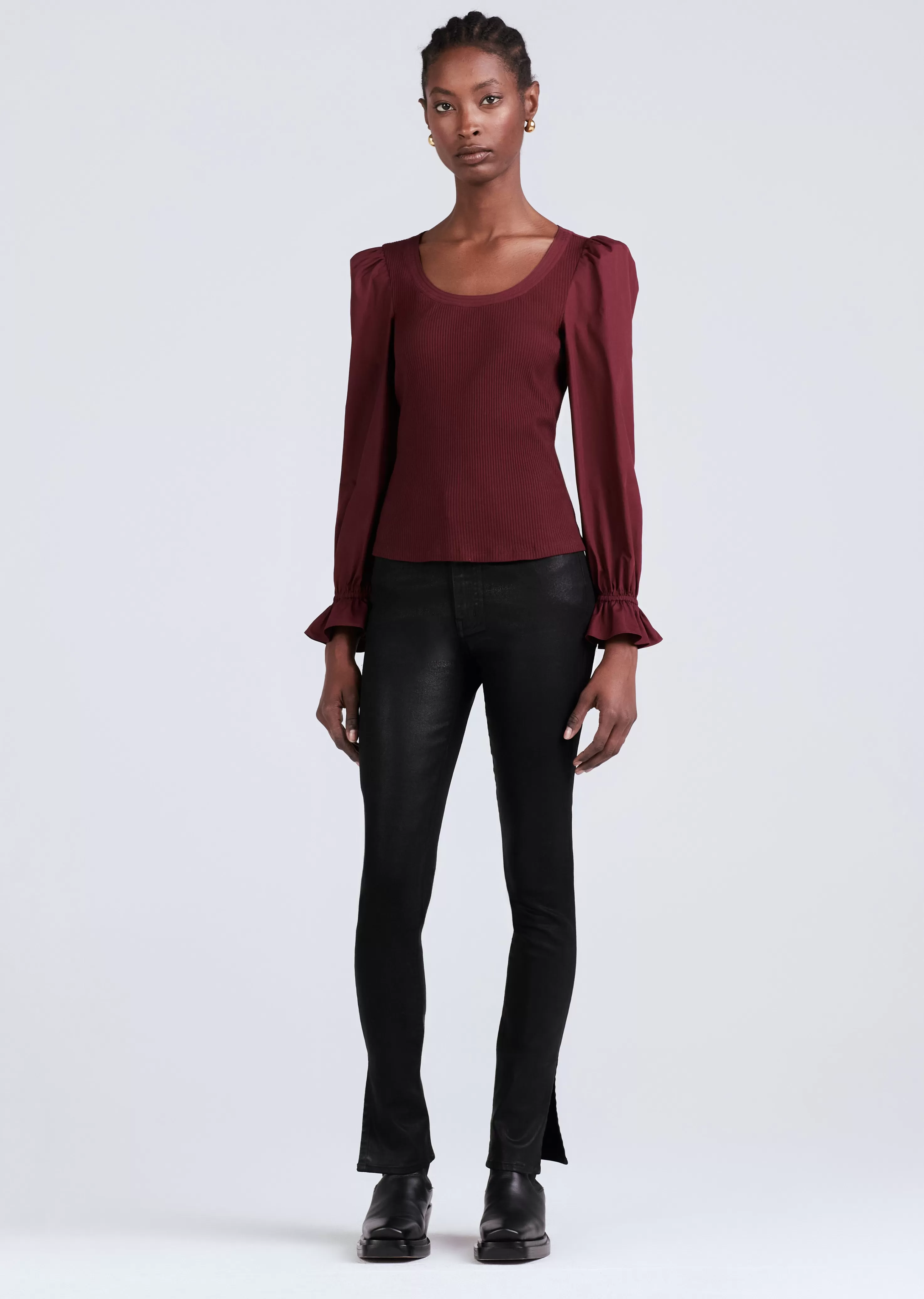 Derek Lam Aishah Scoop Neck Long Sleeve Ribbed Top Burgundy Best Sale