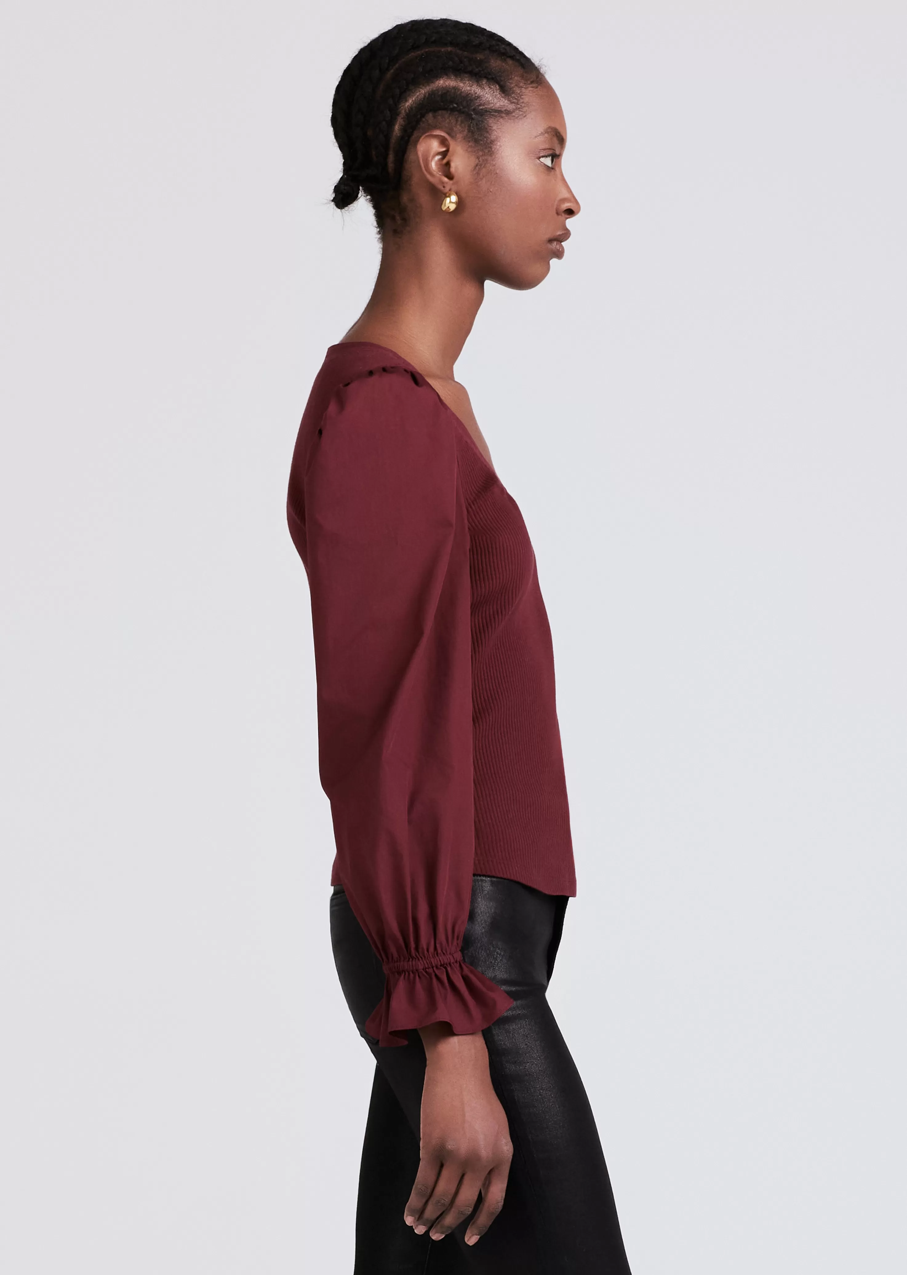 Derek Lam Aishah Scoop Neck Long Sleeve Ribbed Top Burgundy Best Sale