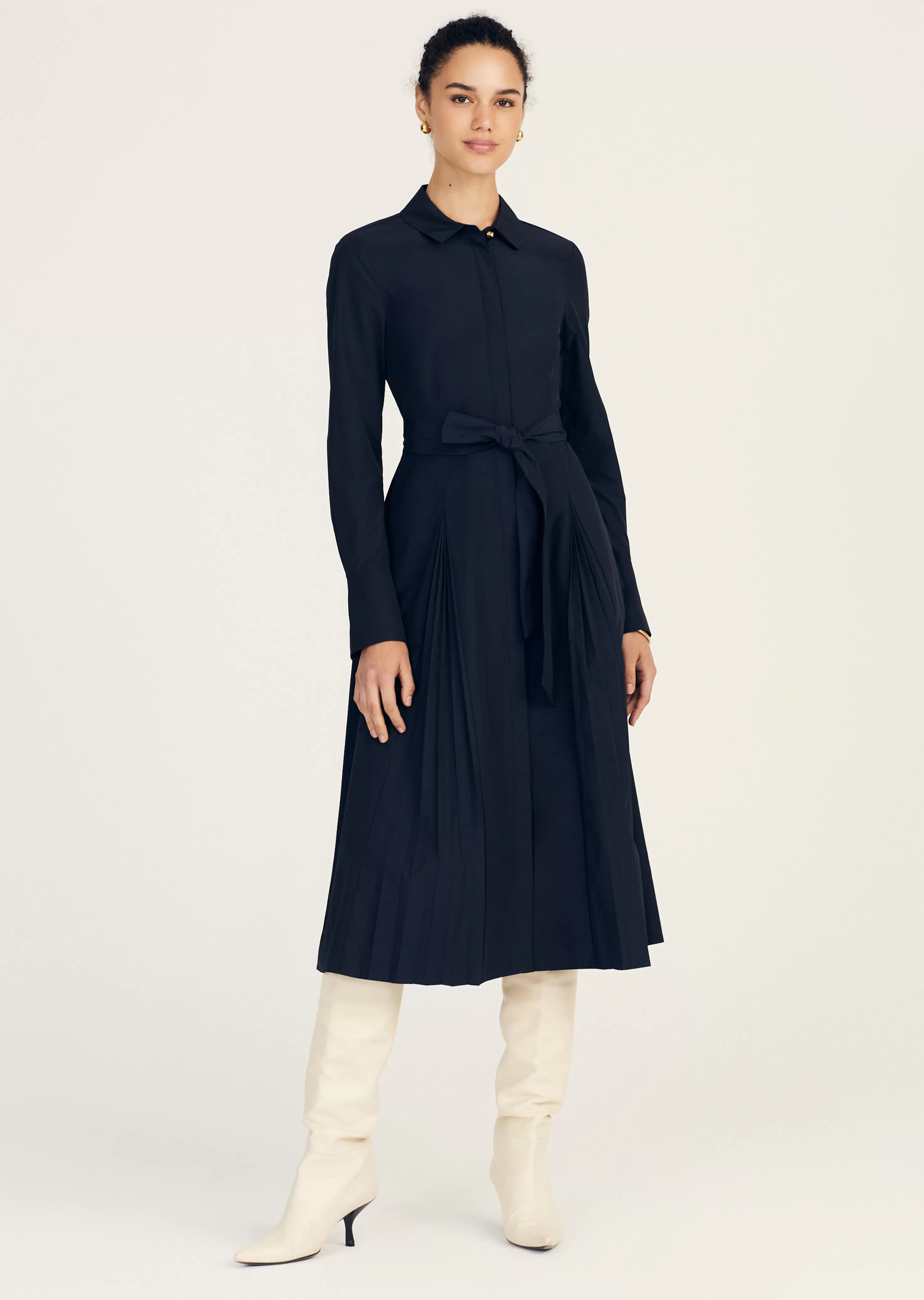 Derek Lam Annette Long Sleeve Pleated Shirt Dress Midnight Outlet