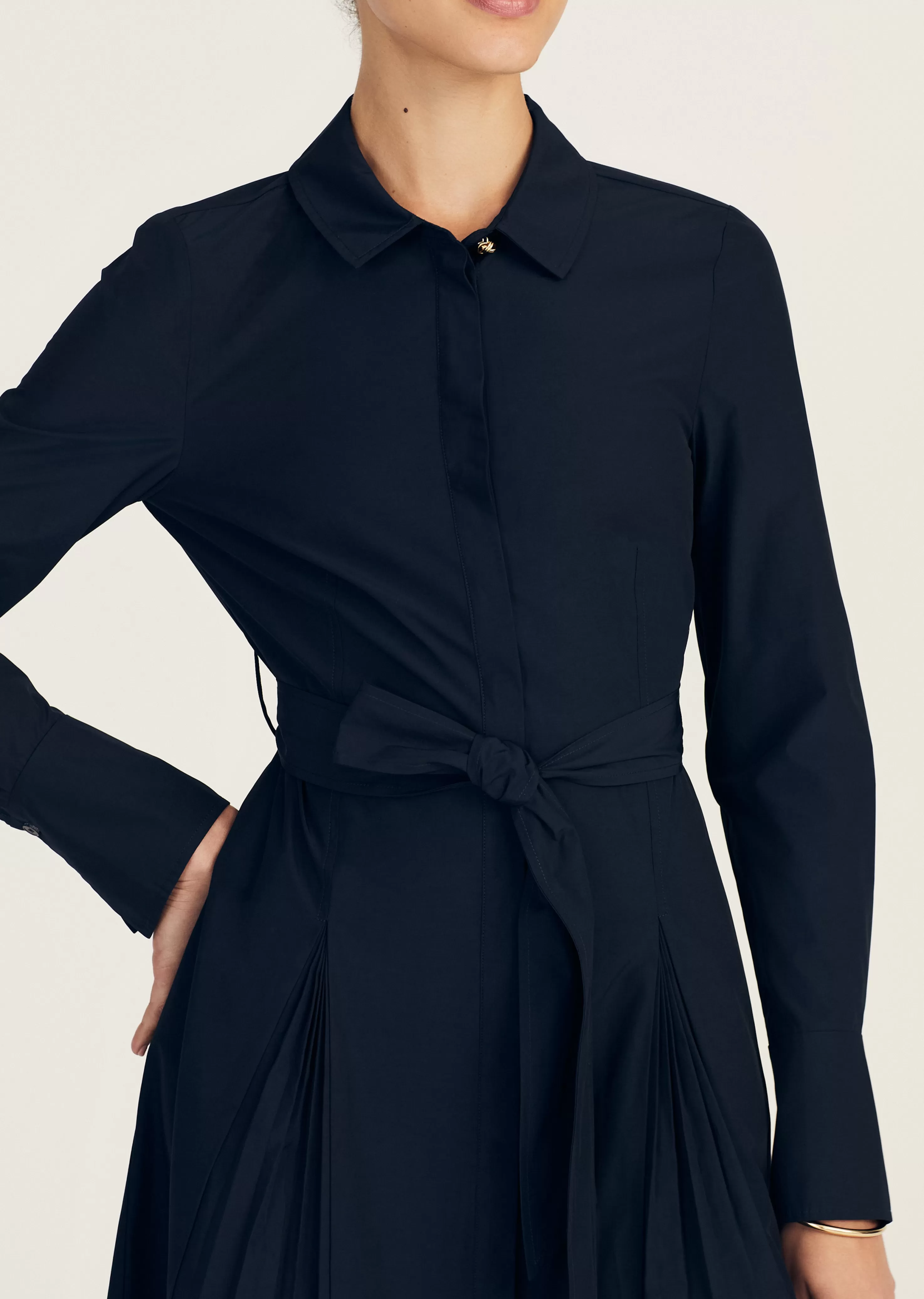 Derek Lam Annette Long Sleeve Pleated Shirt Dress Midnight Outlet