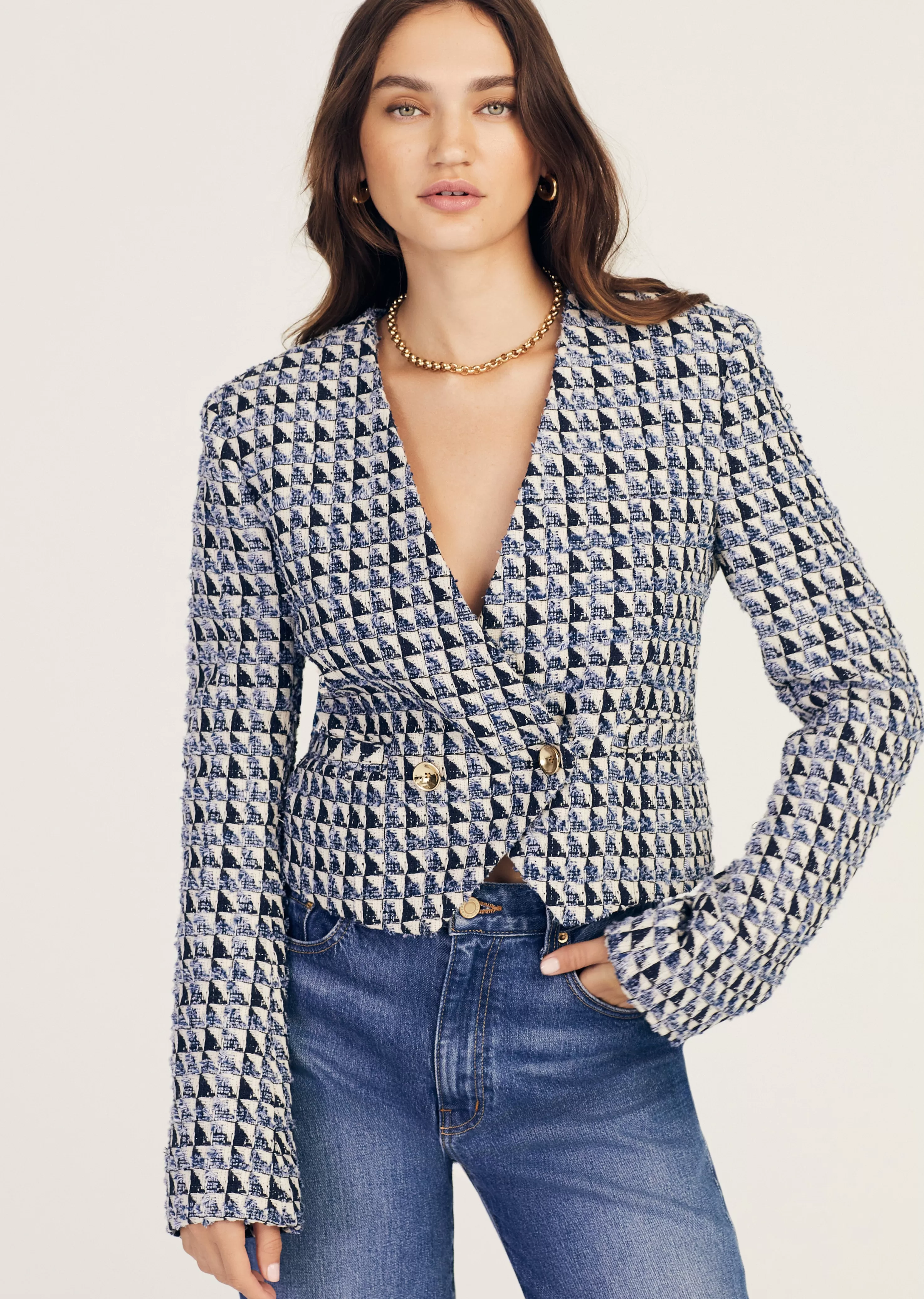 Derek Lam Marcel Fringe Tweed Jacket Blancdeblanc-indigo Clearance