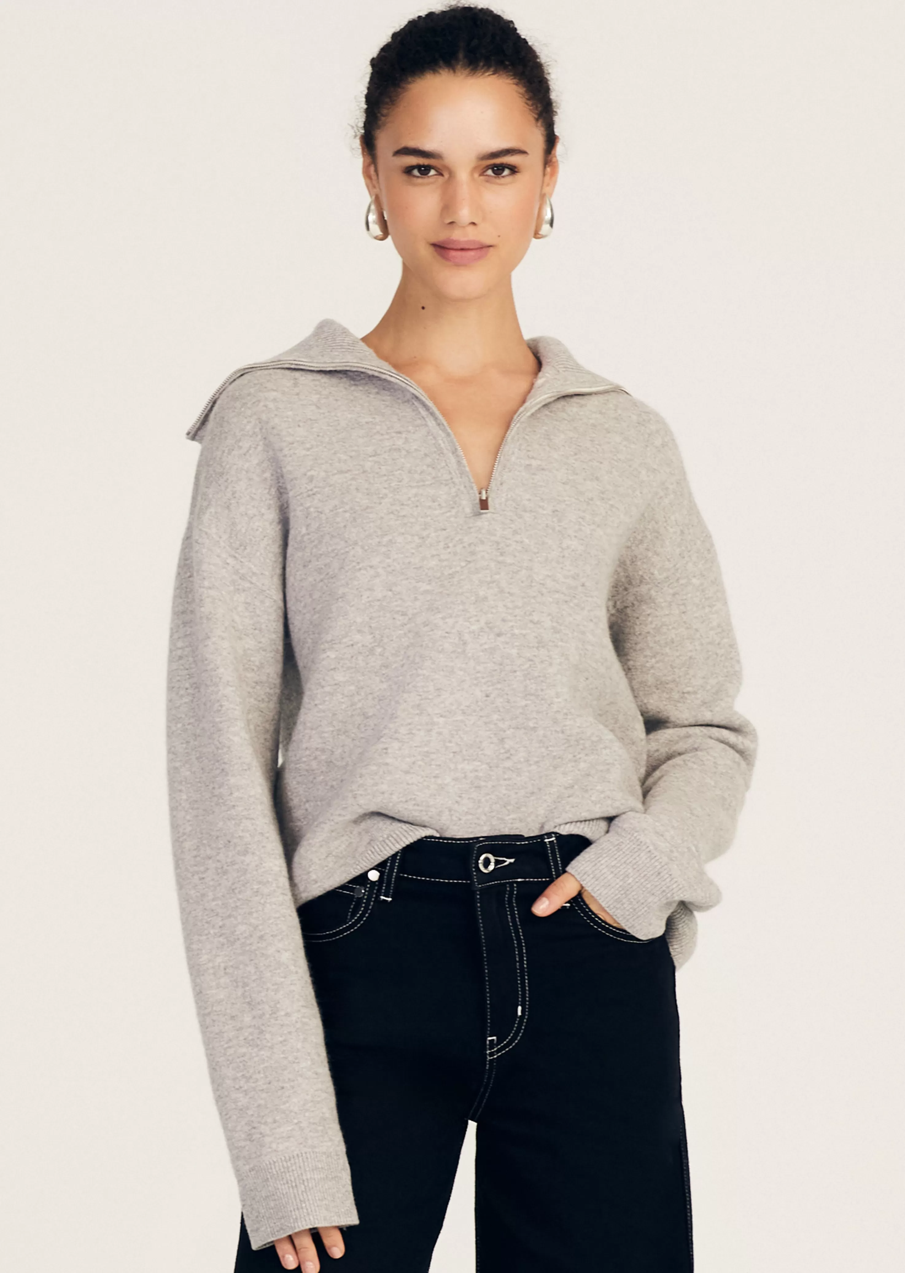 Derek Lam Samuel Reversible Quarter Zip Sweater Lightheathergrey-blancdeblanc Best Sale